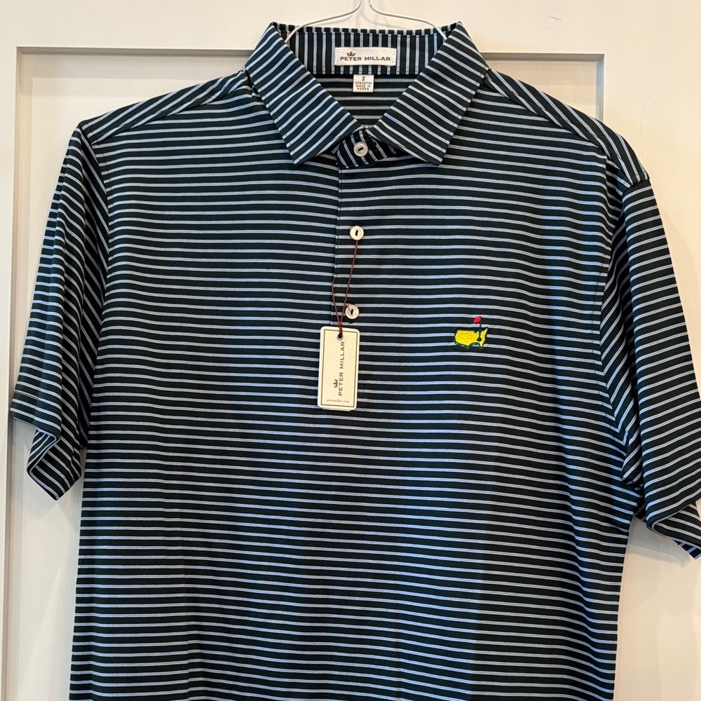 Peter Millar Blue and White Striped Polo Shirt with Masters logo